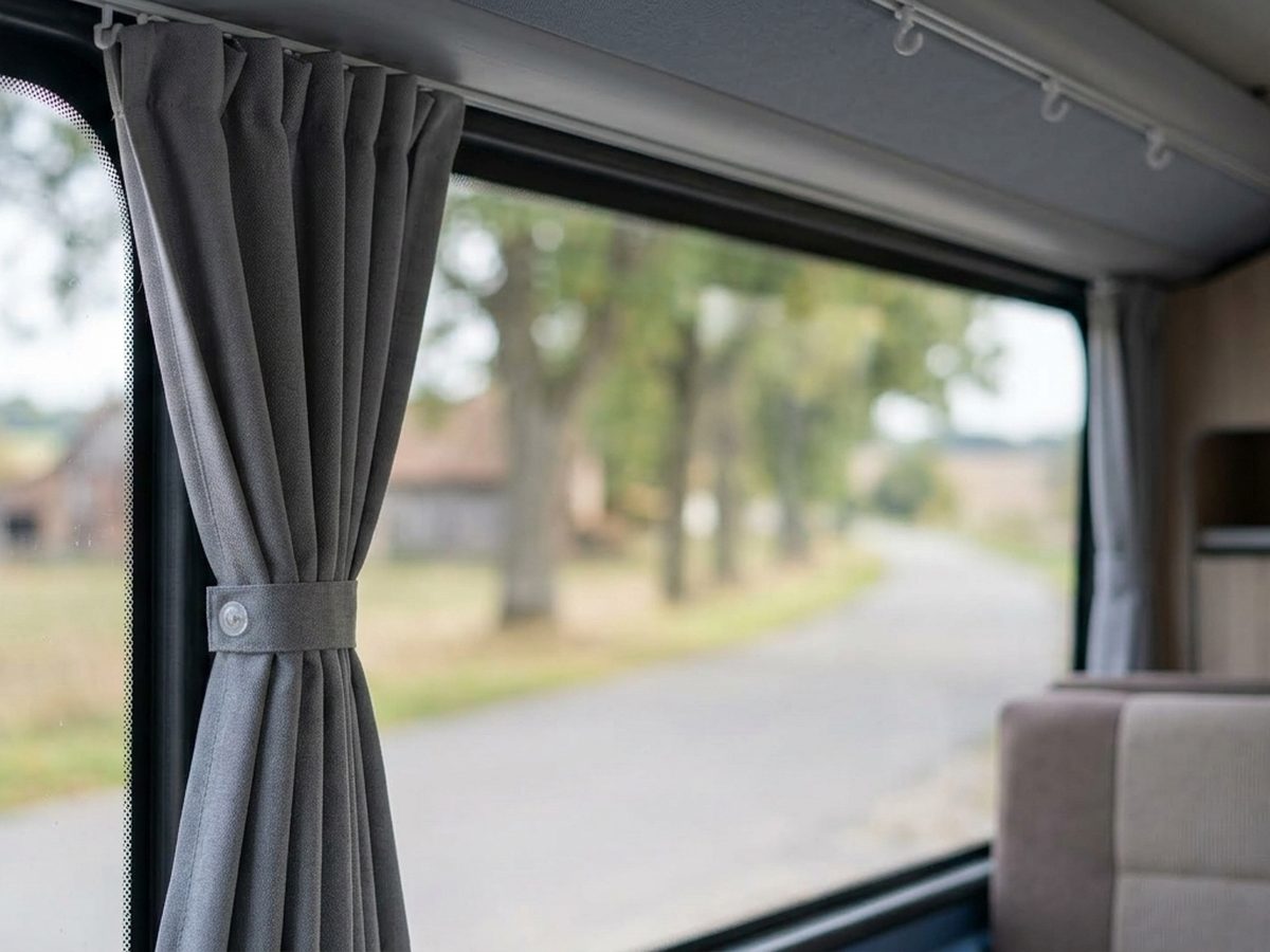 Cortina cinza de ônibus presa com presilha junto à janela